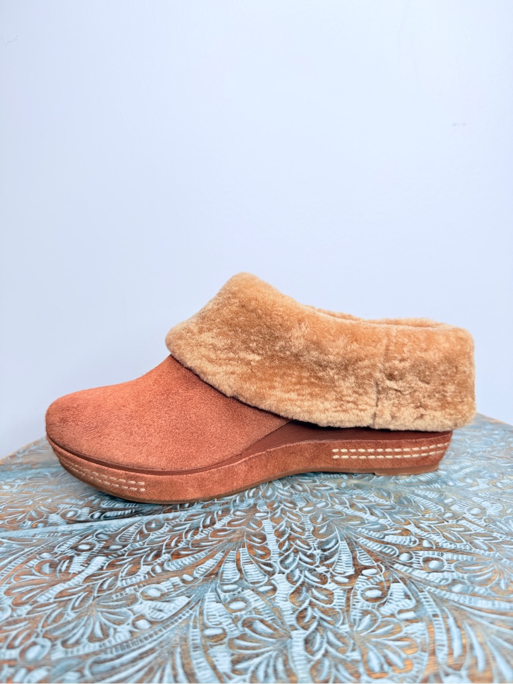 NWT! Antelope terracotta brown suede wedge mules with faux fur Size 38 - Picture 5 of 13